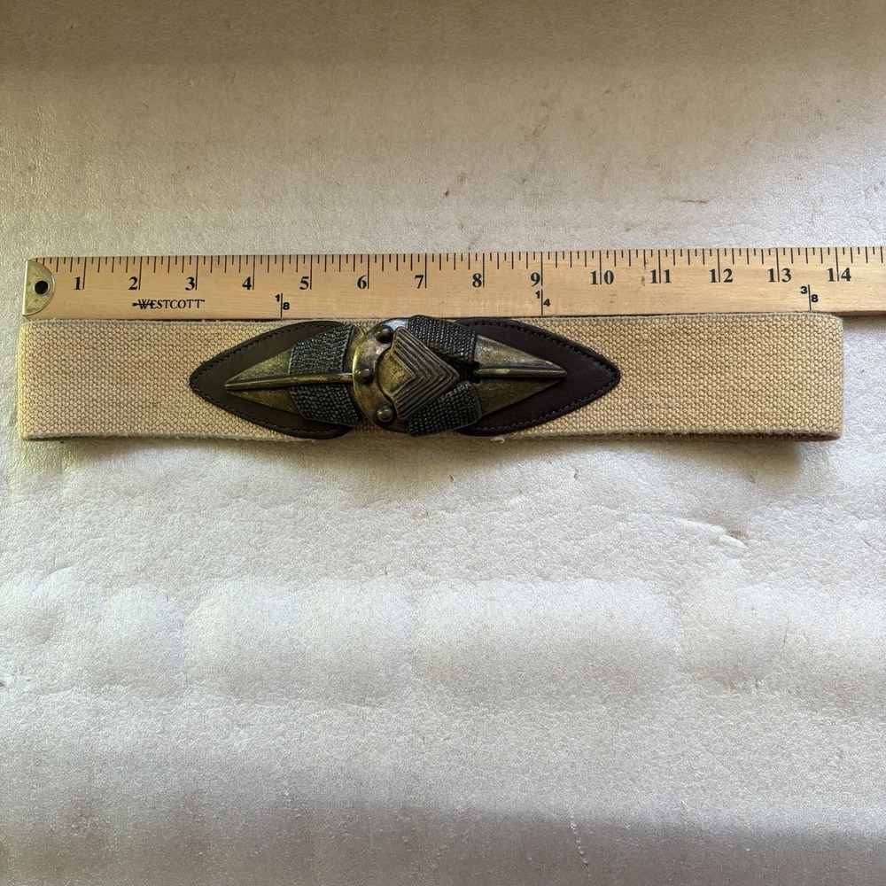 Vintage Omega Elastic Statement Belt Women M Beige Canvas Leather Trim Buckle - Picture 7 of 7